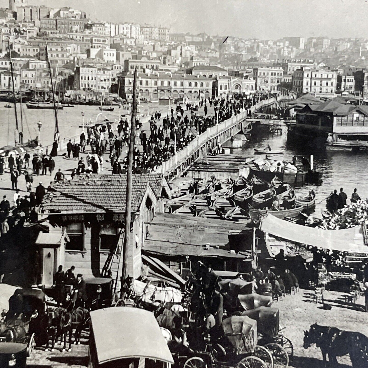 Antique 1909 Galata Bridge Istanbul Turkey Stereoview Photo Card P4253