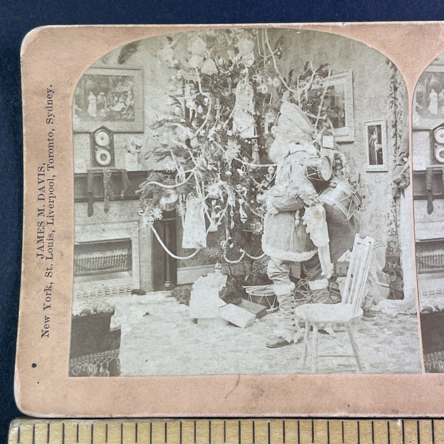 Rare Photo Of Santa Claus With Christmas Tree Stereoview Antique c1897 X3130