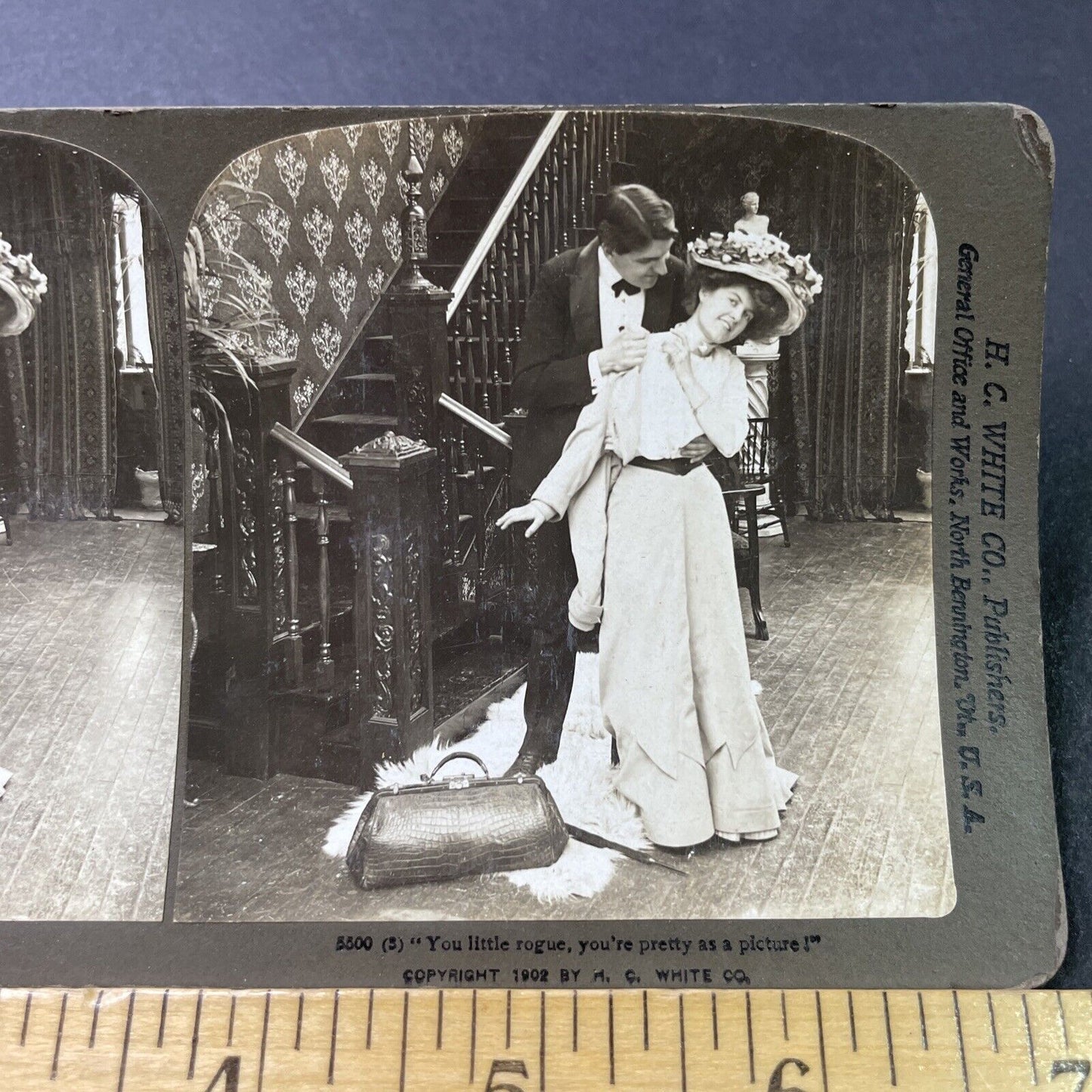 Antique 1902 Man Helps Woman With Her Coat Stereoview Photo Card P2894