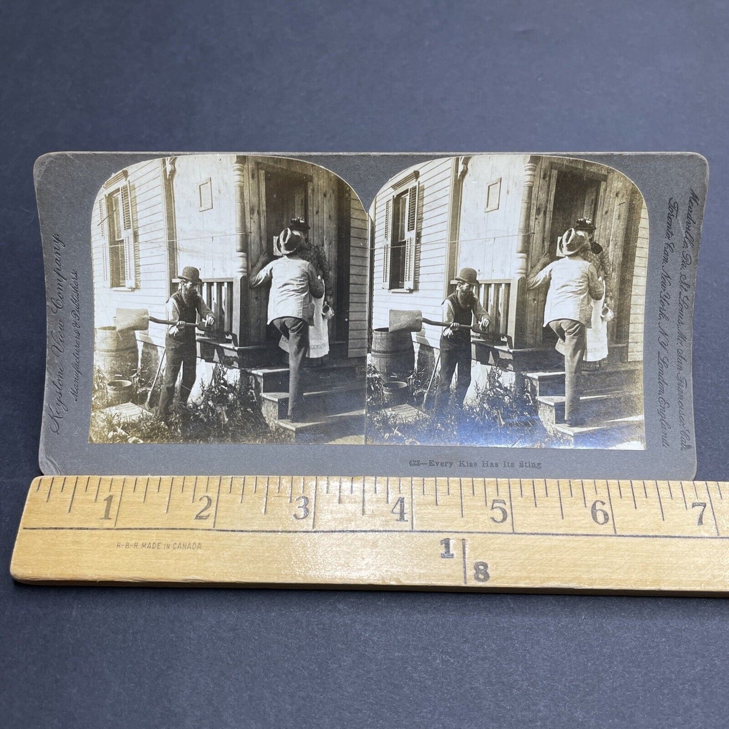 Antique 1898 Man Is Attacked For Kissing Daughter Stereoview Photo Card P1960