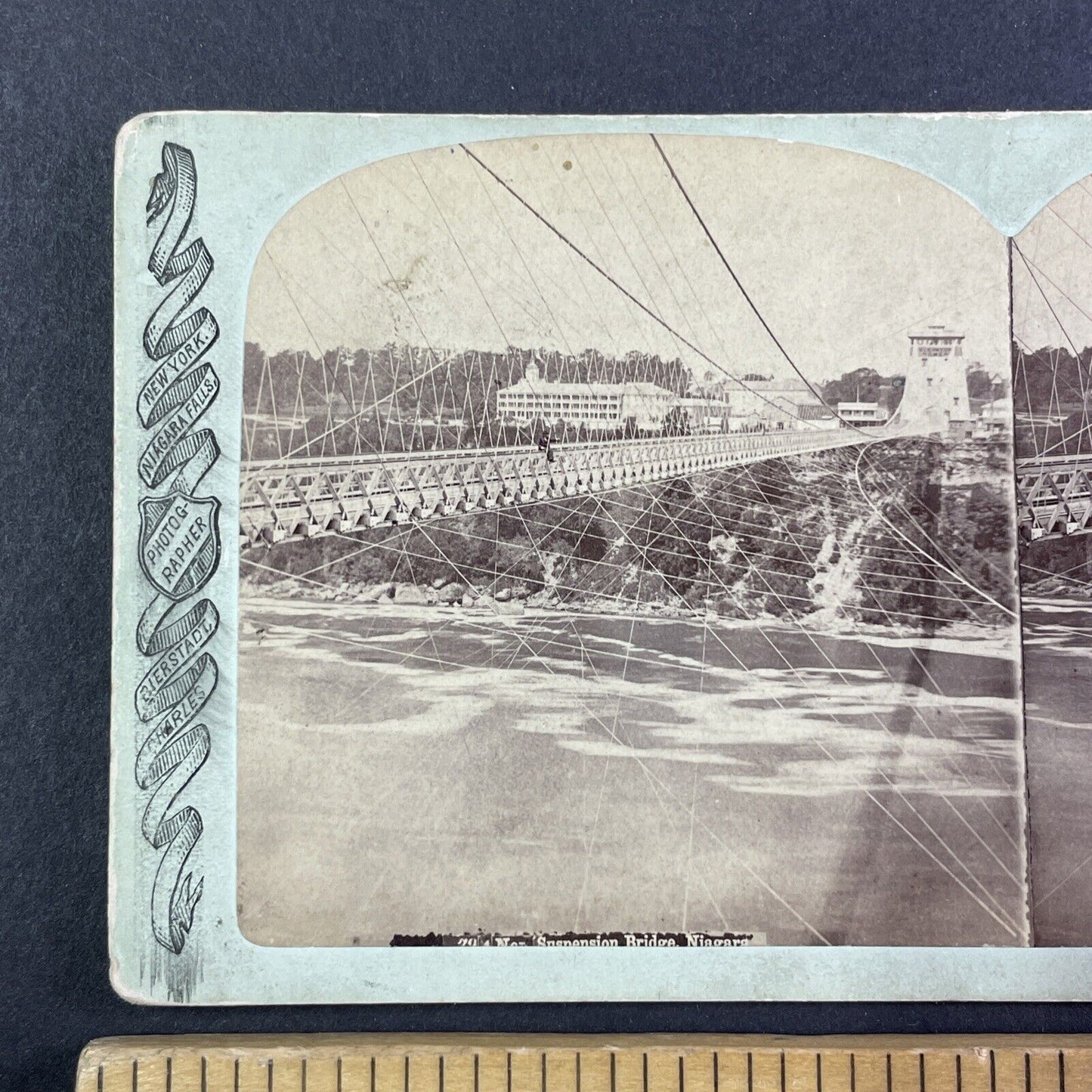 Man Sits at the Edge of Suspension Bridge Stereoview Niagara Falls c1870s Y1828