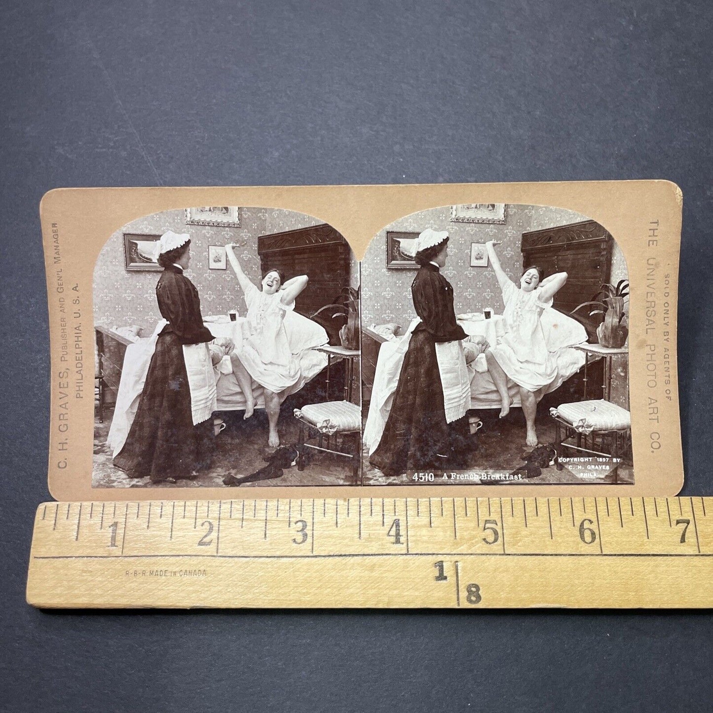 Antique 1897 Woman Waking Up To Breakfast In Bed Stereoview Photo Card P3472