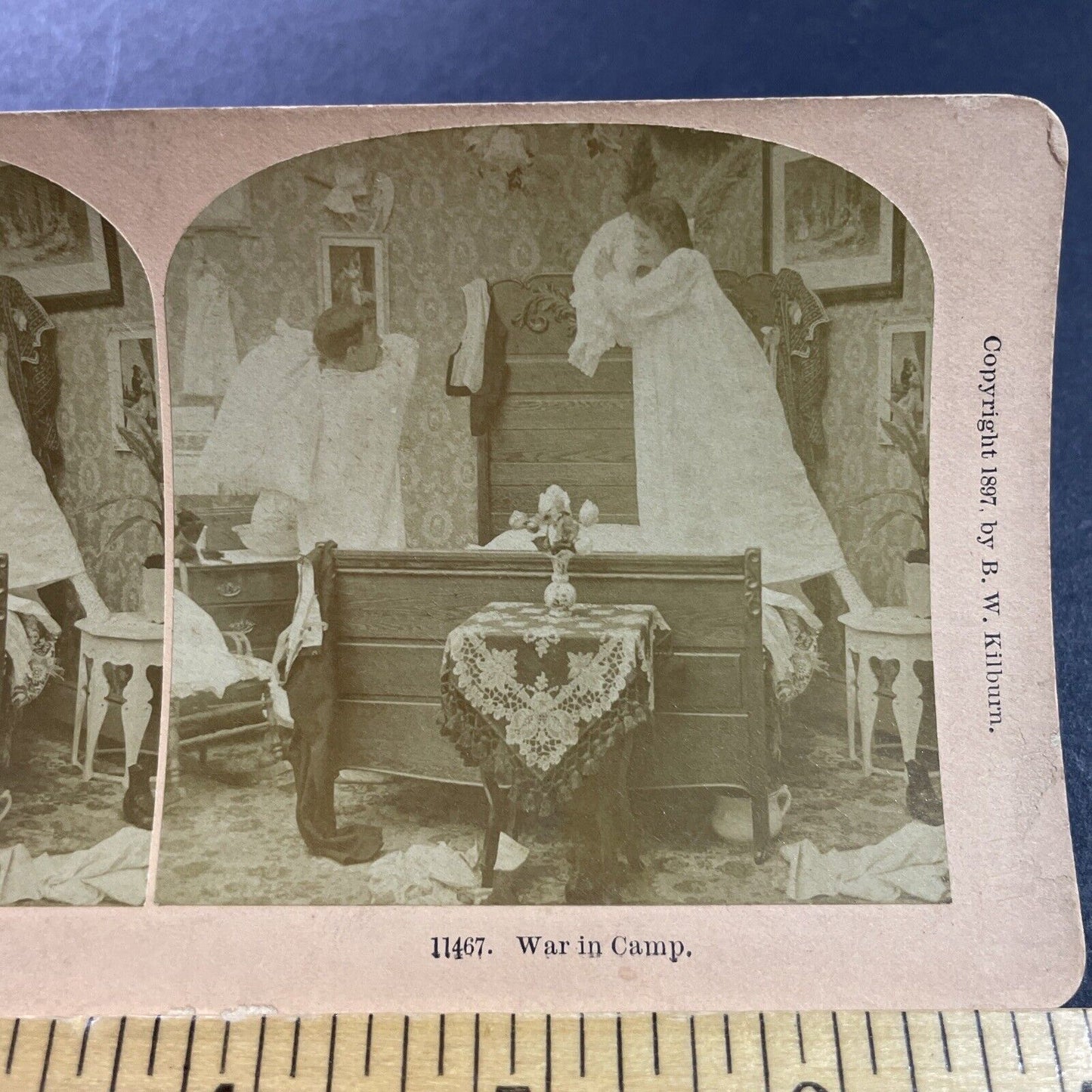 Antique 1897 Man And Woman Have Pillow Fight In Bed Stereoview Photo Card P4054