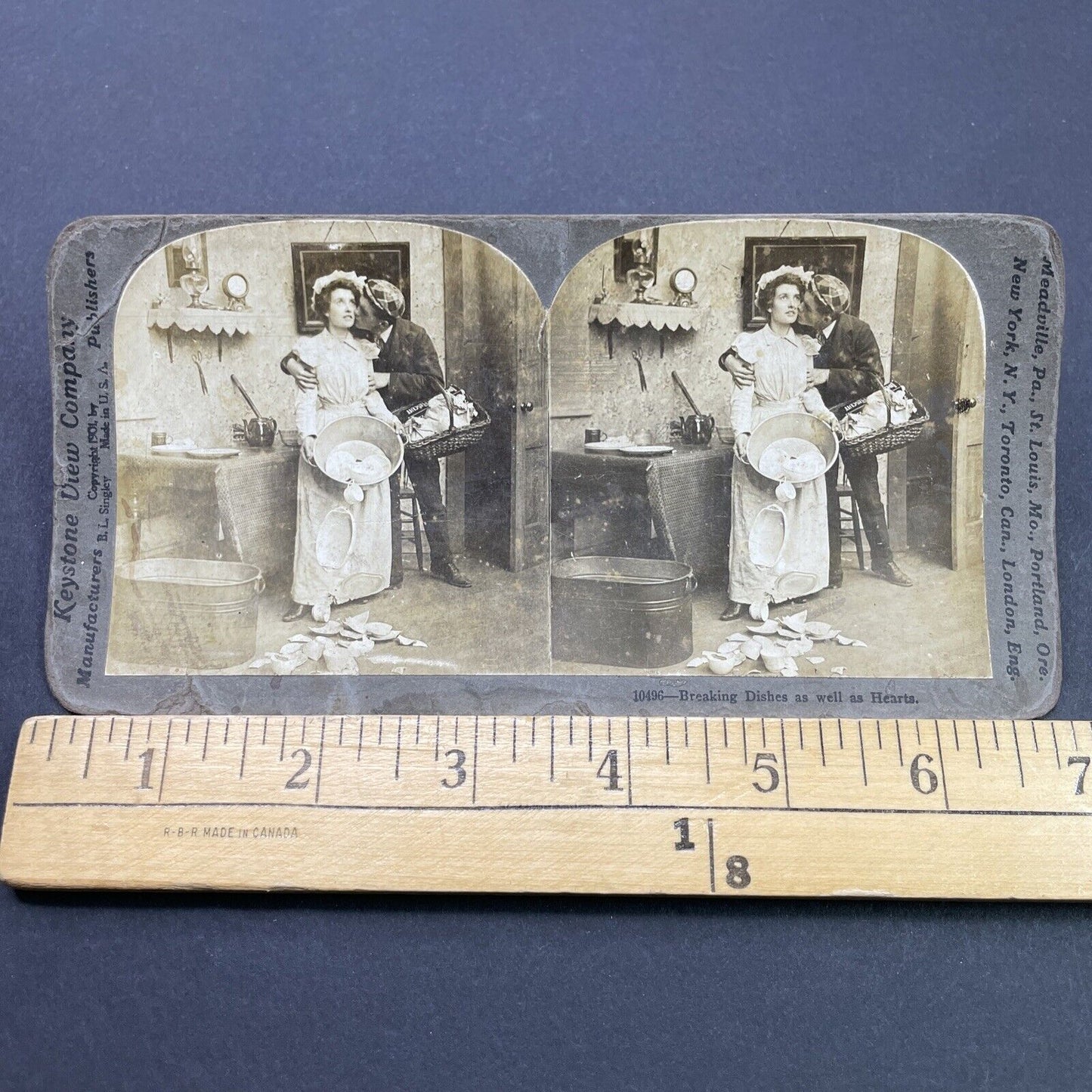 Antique 1901 Woman Breaks Dishes During Kiss Stereoview Photo Card P2684