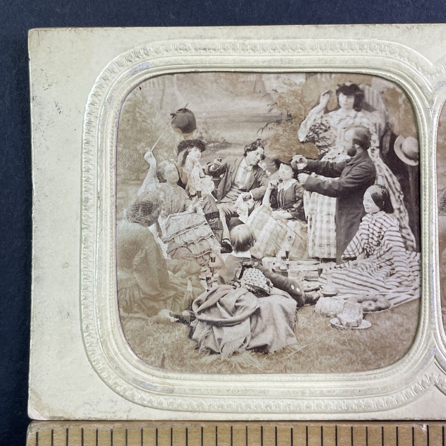 Family Picnic Drinking Wine Stereoview French Tissue Antique c1860s XT2123