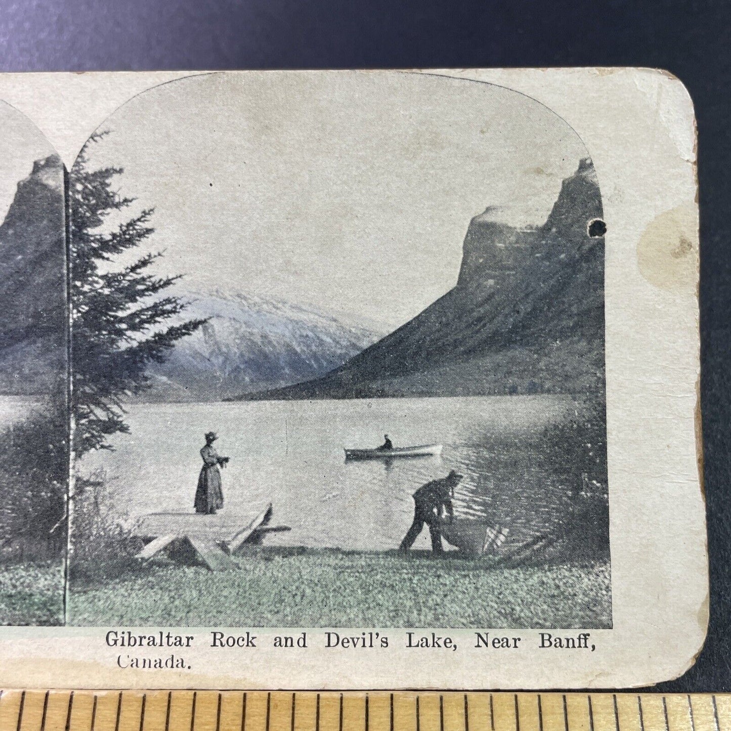 Antique 1890s Rowboats On Lake Minnewanka Alberta Stereoview Photo Card P3319