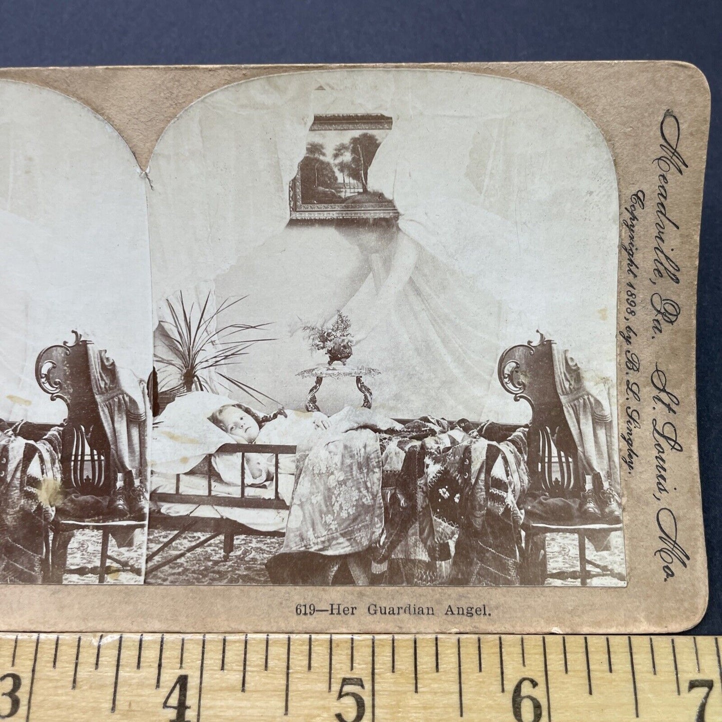 Antique 1898 Angel Looks Over Sick Child In Bed Stereoview Photo Card P2829