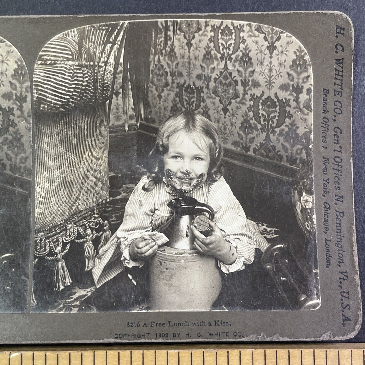 Child Eats Molasses Straight from the Jug Stereoview Antique c1902 Y1248