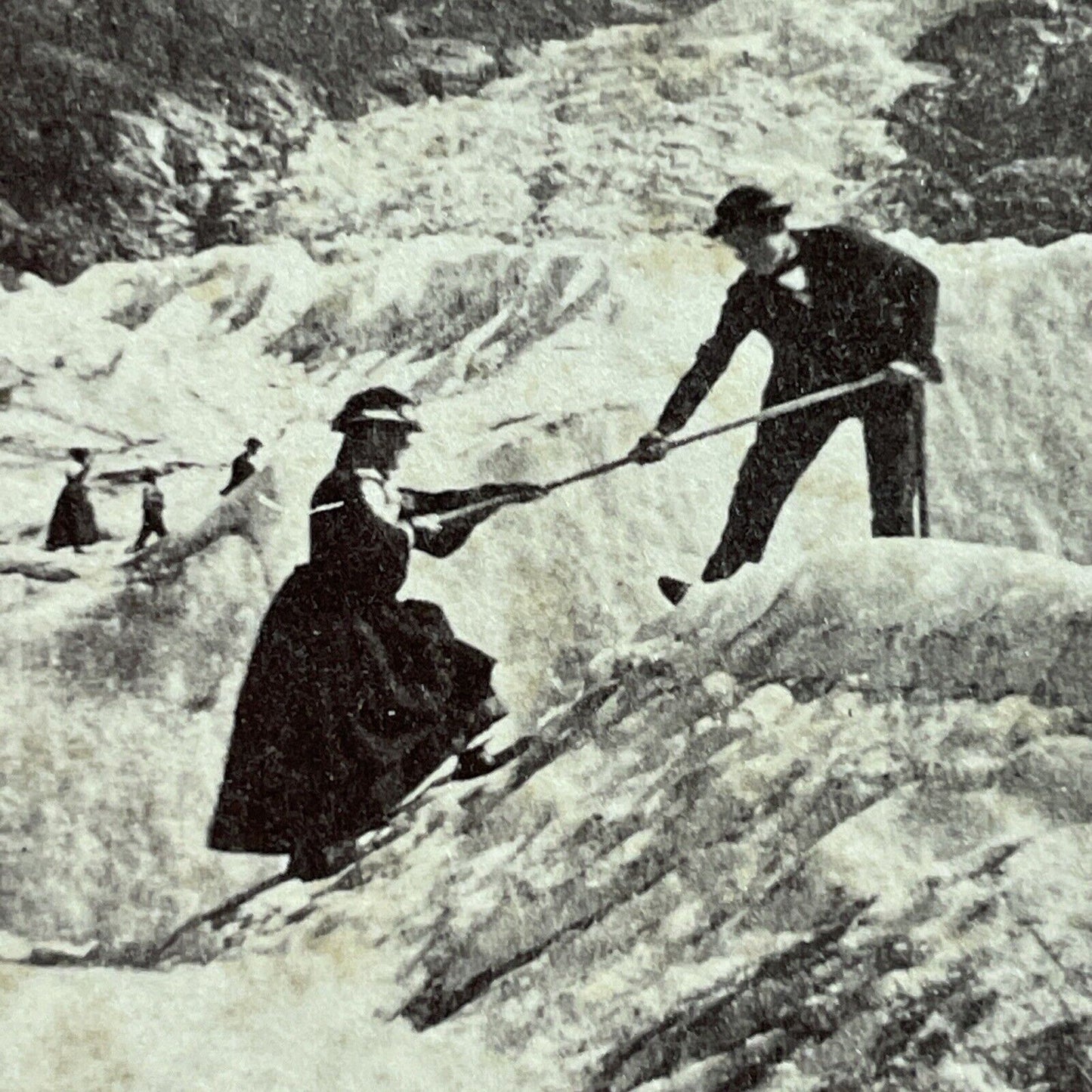 Antique 1870s Man Pulls Woman Up Chamonix Glacier Stereoview Photo Card P4139