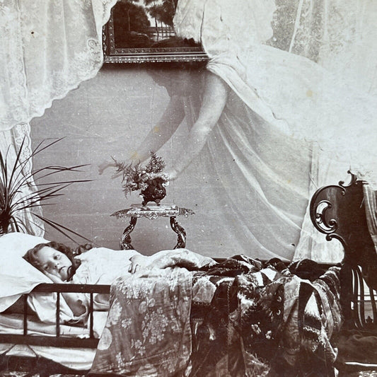 Antique 1898 Angel Watches Over Sick Child Stereoview Photo Card P2813