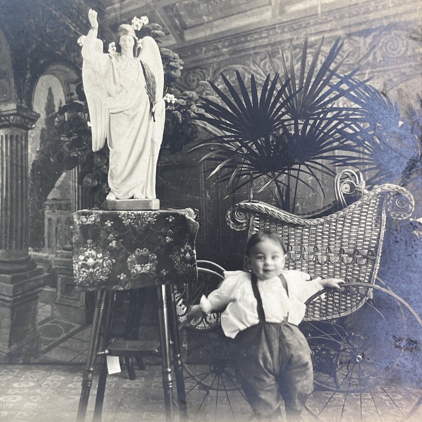 Baby is Strapped to a Pram Carriage for Photo Stereoview c1880s Y1319