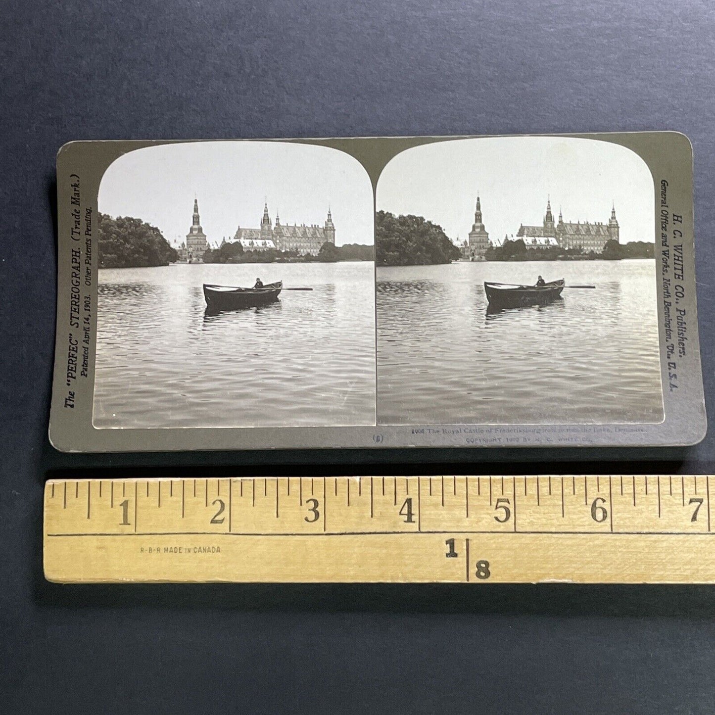 Antique 1902 Boy In Rowboat Lake Slotssoen Denmark Stereoview Photo Card P1306