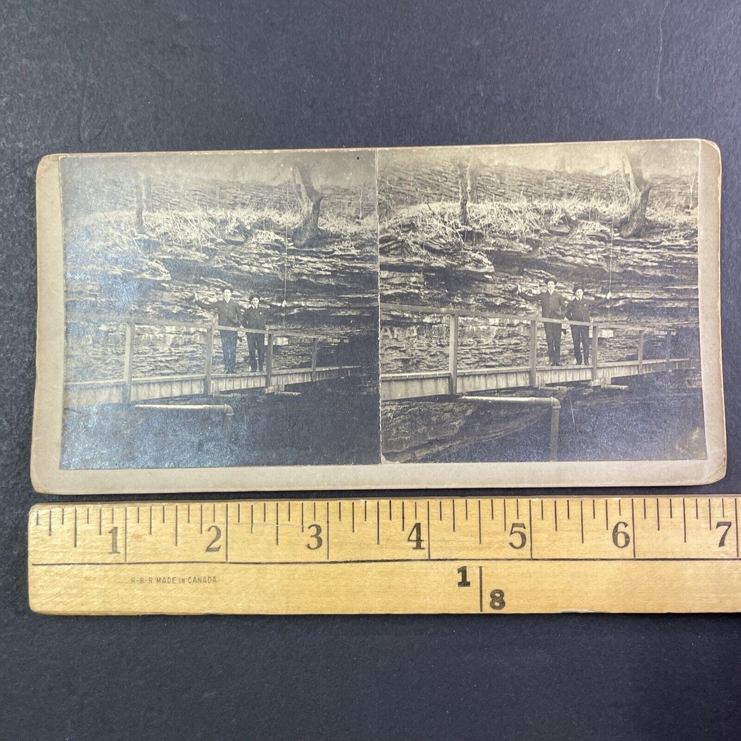 Men Standing in Watkins Glen Gorge Stereoview New York Antique c1890 X3893
