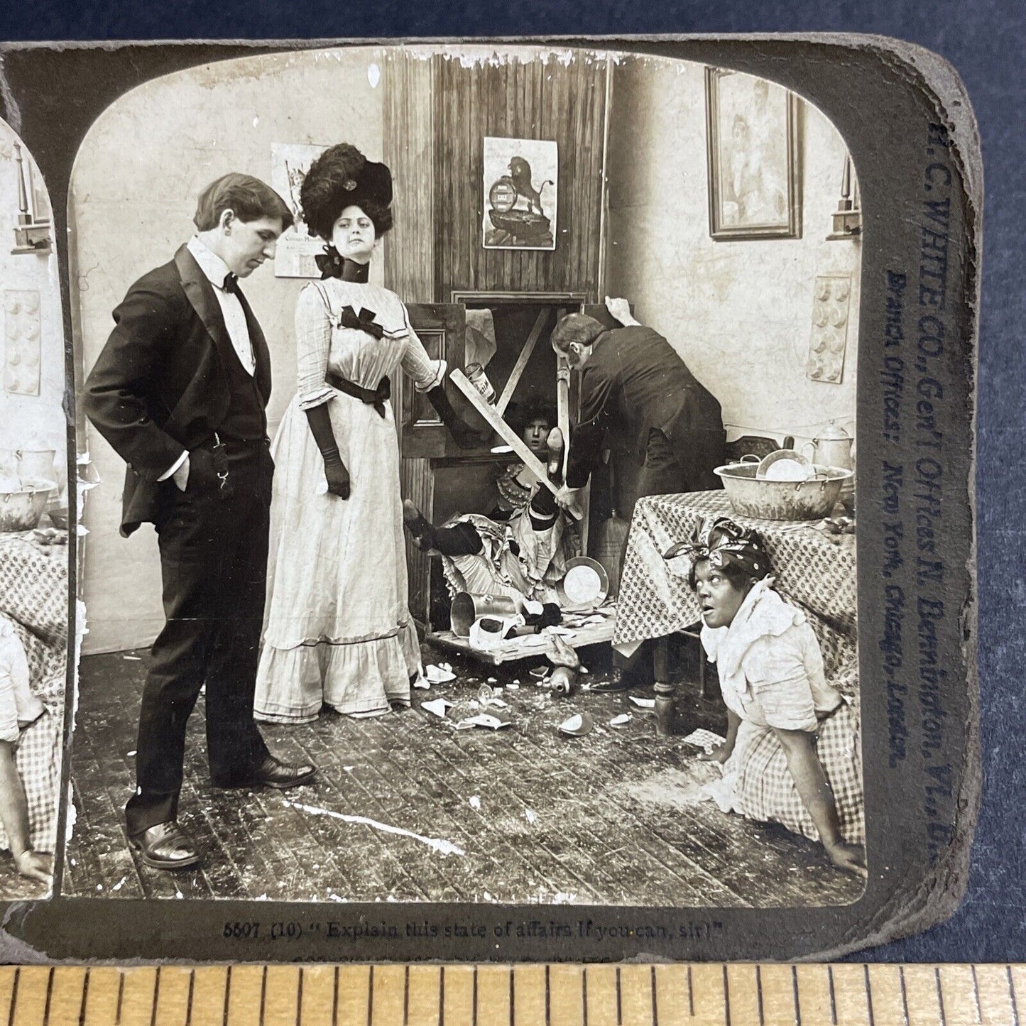 Antique 1903 Maid Hides Under Table Stereoview Photo Card P4742