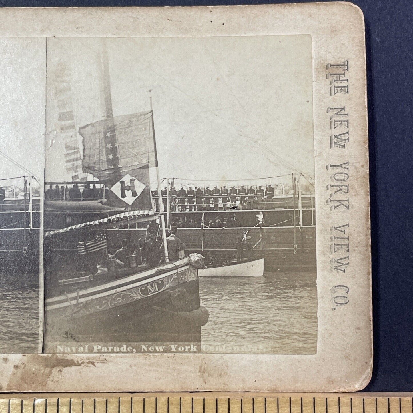 US Navy 35 Star Jack Flag Civil War Ship Stereoview New York Antique c1865 X2771