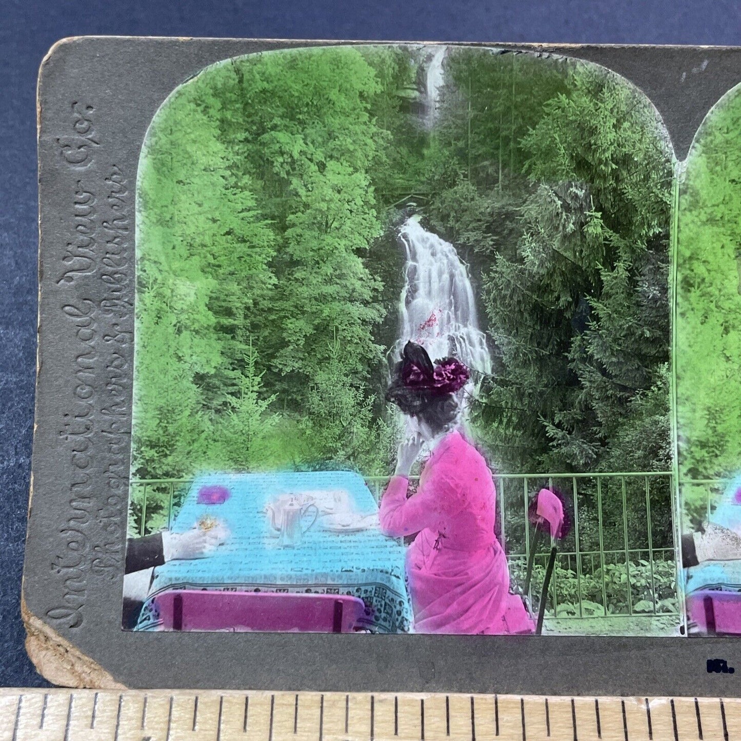 Antique 1901 Woman Drinking Tea At Waterfall Stereoview Photo Card V3336