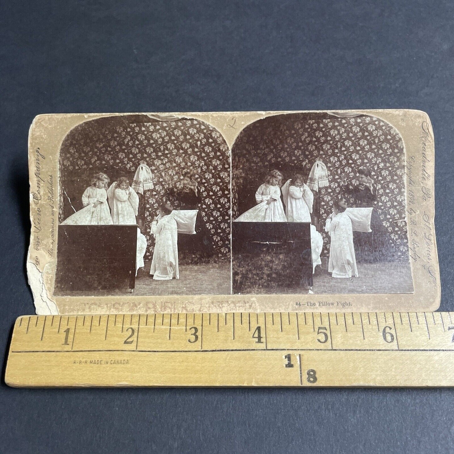Antique 1892 Kids Have A Pillow Fight In Bed Stereoview Photo Card P4292