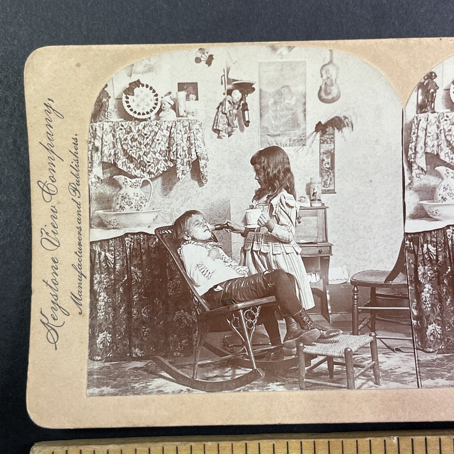 Little Girl Shaving a Little Boy Stereoview B.L. Singley Antique c1895 Y1370