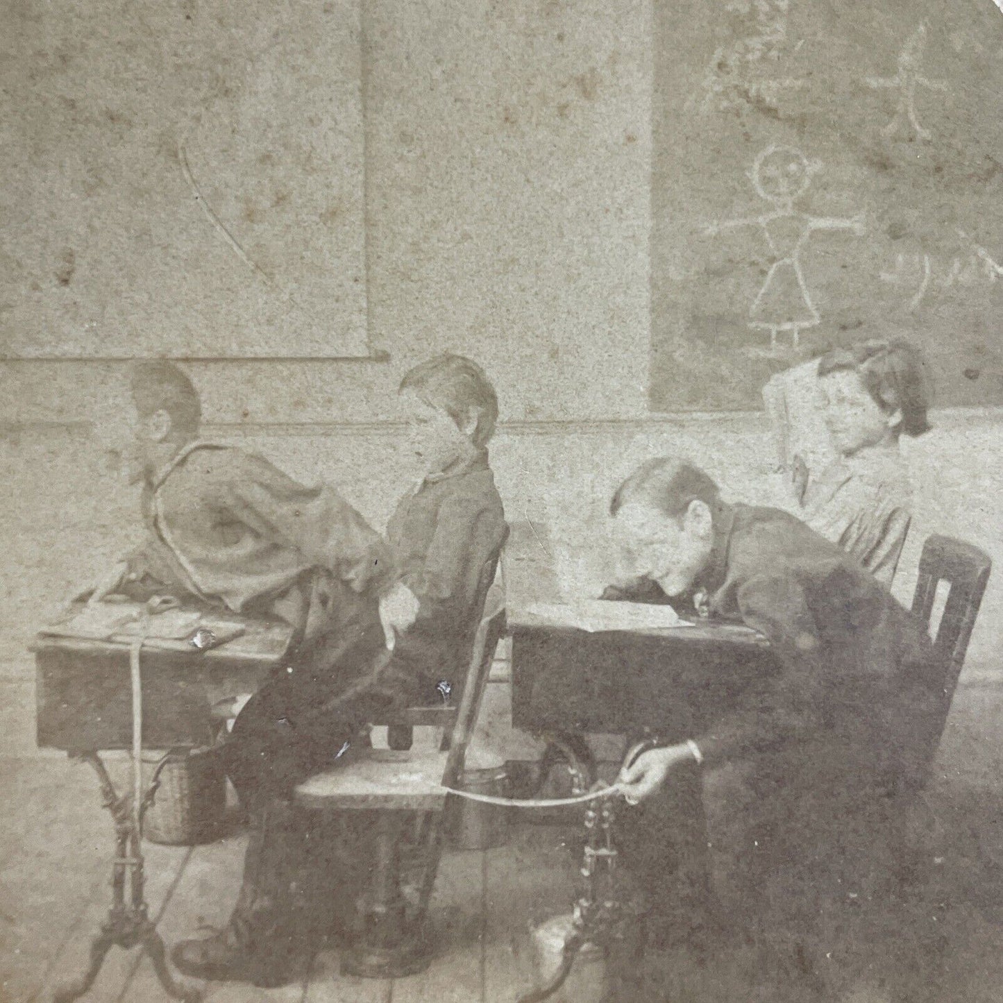 Antique 1870s Boys Put A Tack On Students Chair Stereoview Photo Card P4041