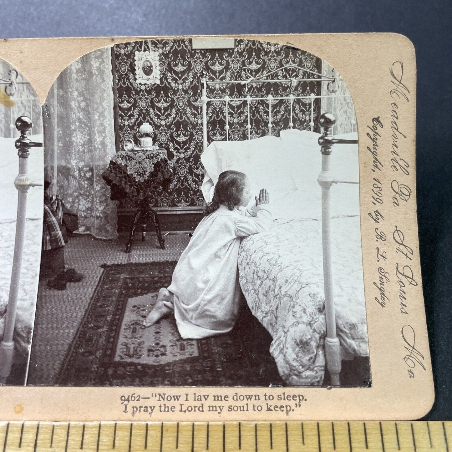 Antique 1899 Child Praying At Bedside Stereoview Photo Card P4002