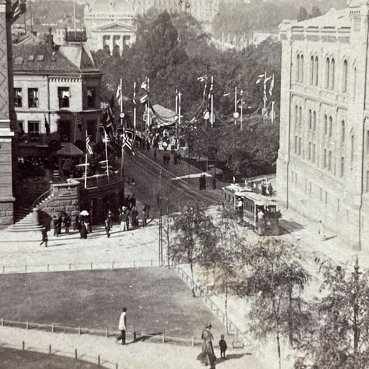 Antique 1903 Trolly Tracks In Oslo Norway Stereoview Photo Card P4067