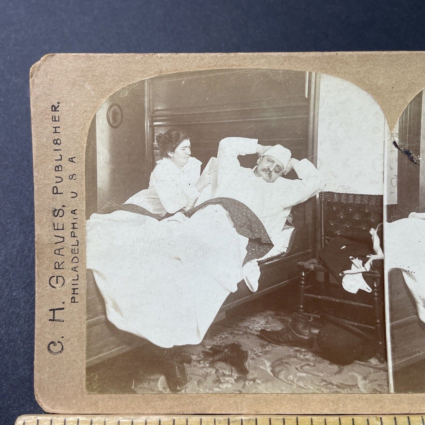 Antique 1897 Wife Scolds Drunk & Beaten Up Husband Stereoview Photo Card P2987
