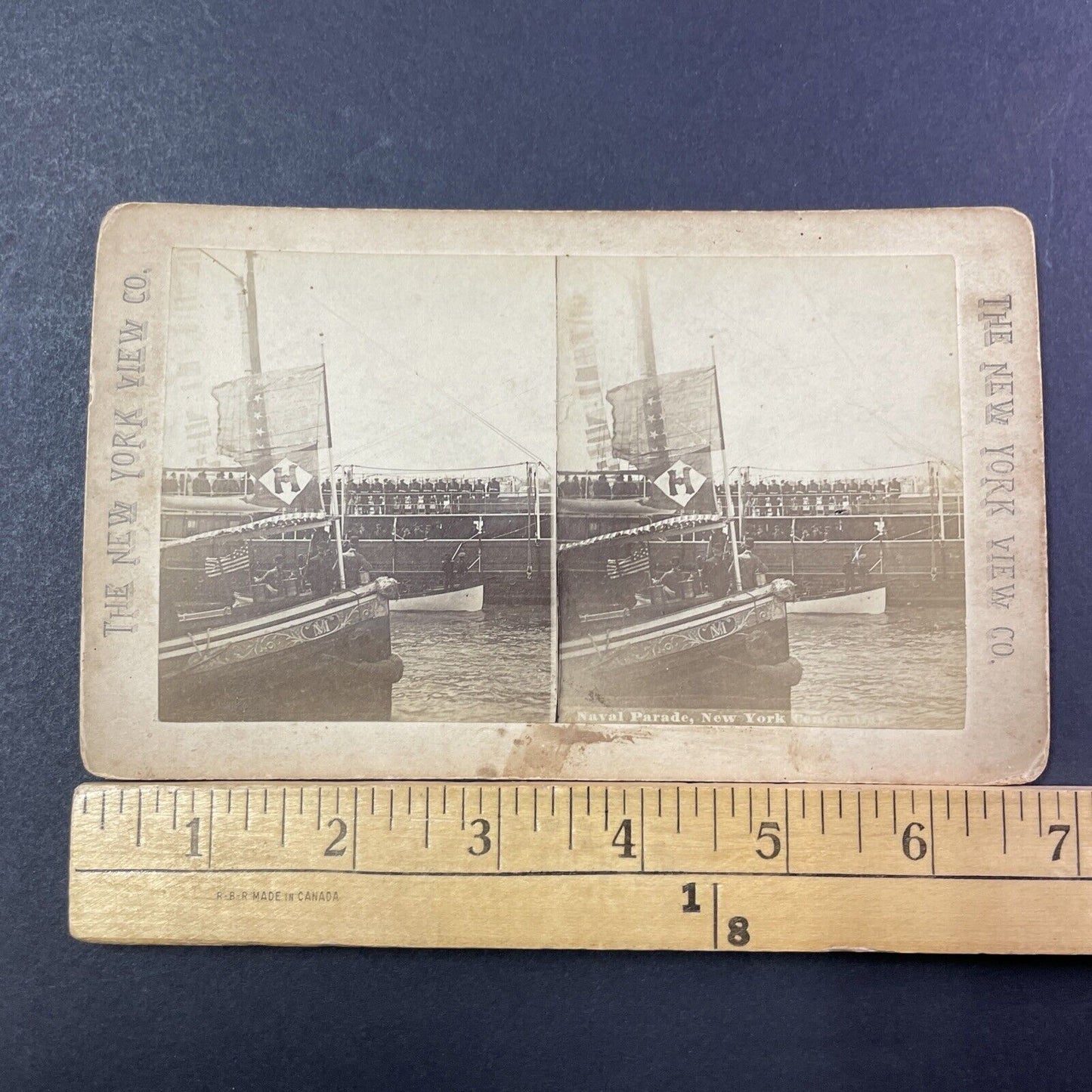 US Navy 35 Star Jack Flag Civil War Ship Stereoview New York Antique c1865 X2771