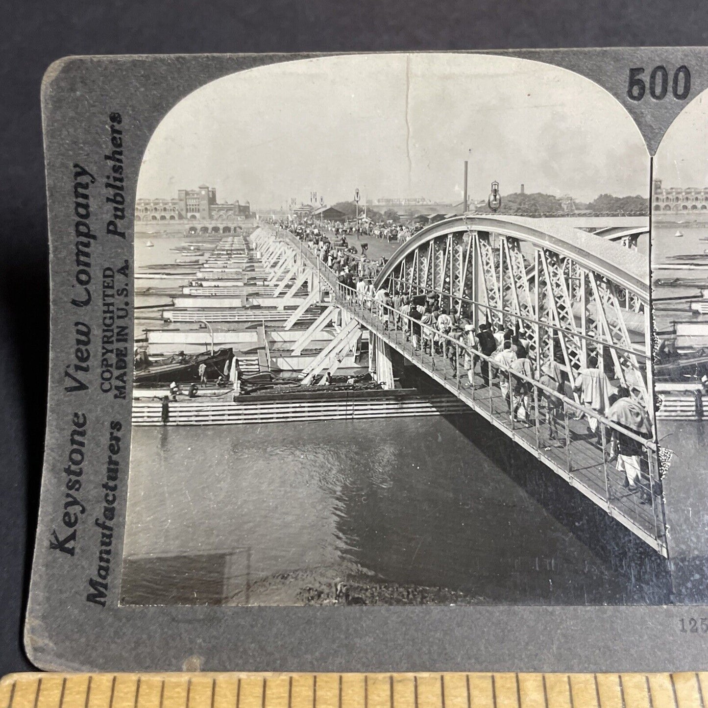 Antique 1910s Howrah Pontoon Bridge Calcutta India Stereoview Photo Card P4466