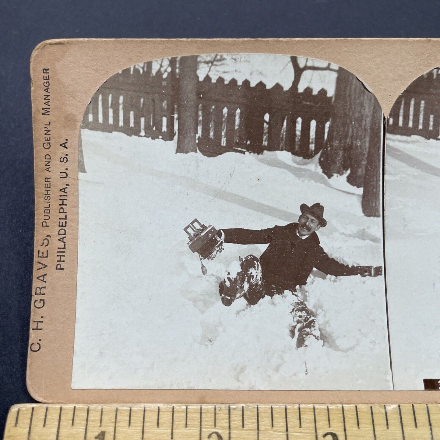 Antique 1892 Big Snowstorm Slip Fall Philadelphia PA Stereoview Photo Card P2695