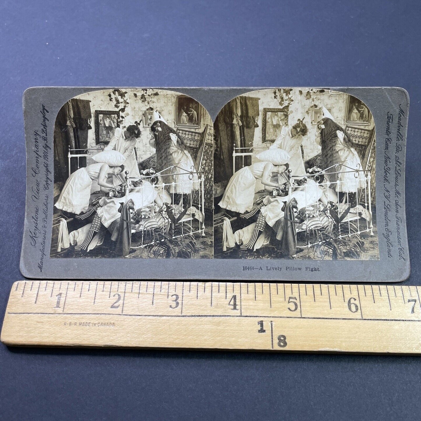 Antique 1901 Women In Underwear Have A Pillow Fight Stereoview Photo Card P2631