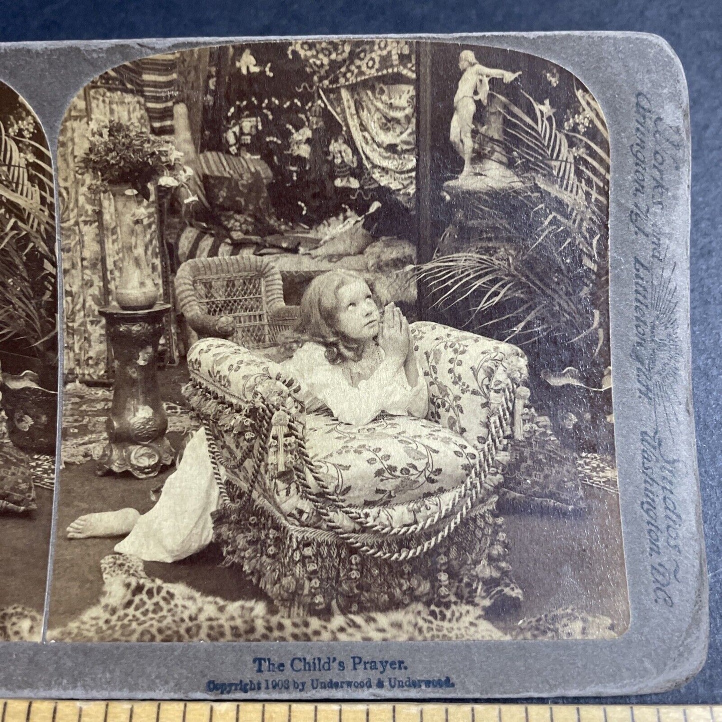 Antique 1903 Girl Child Says Her Prayers Stereoview Photo Card P4325