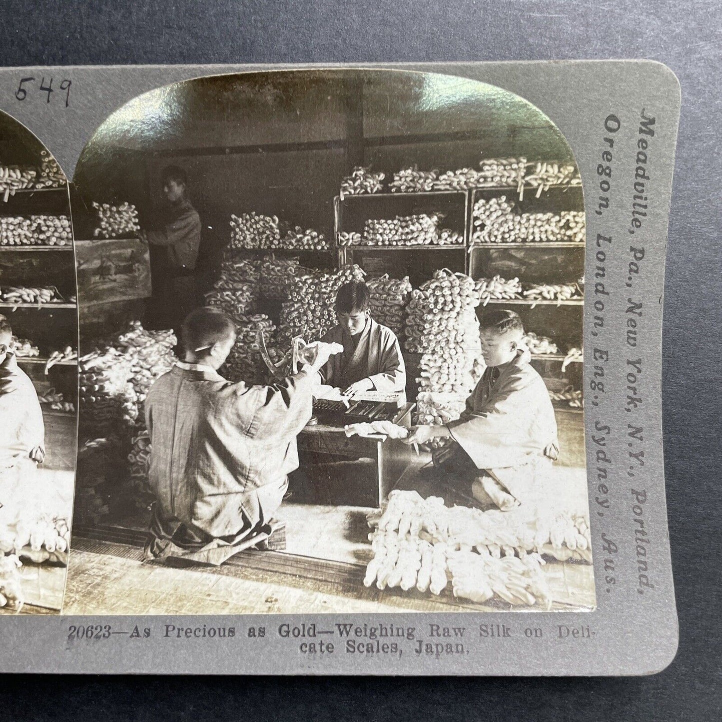 Antique 1905 Weighing Raw Silk Yokohama Japan Stereoview Photo Card P1537