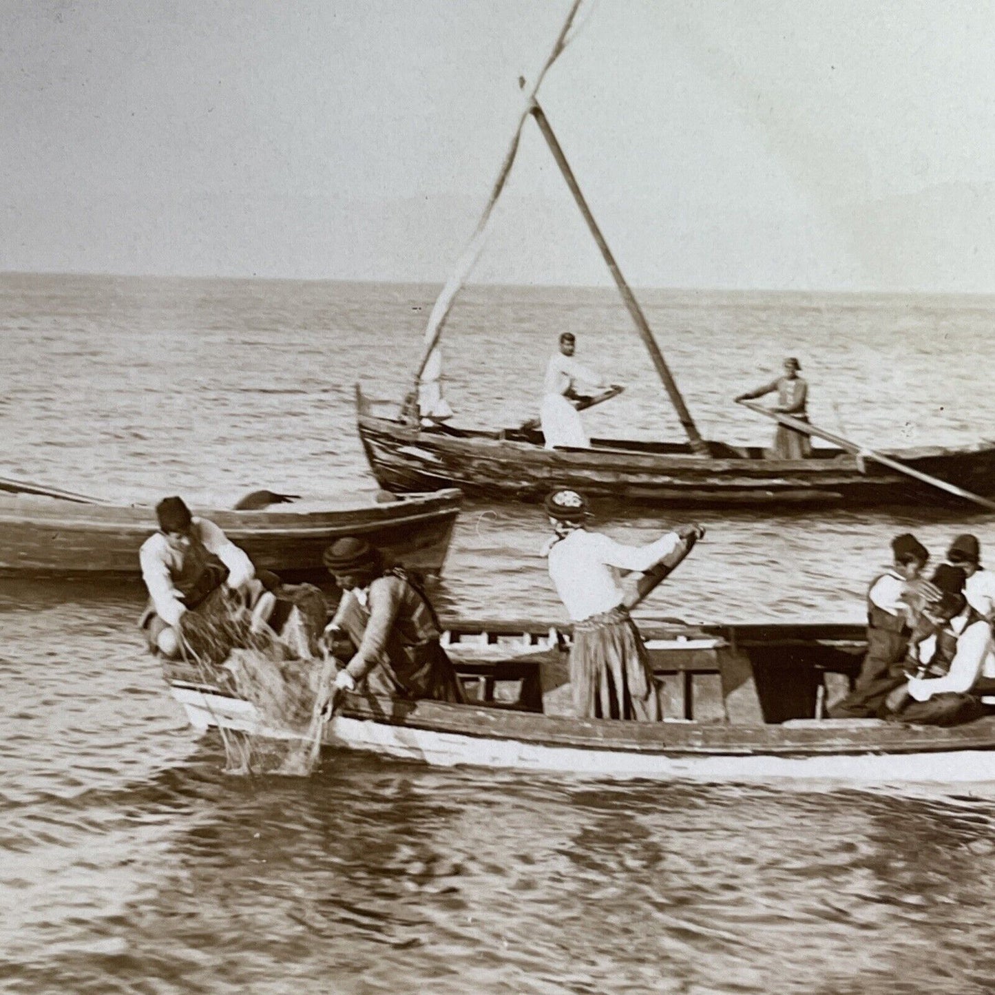 Antique 1901 Fisherman In The Sea Of Galilee Stereoview Photo Card P1328