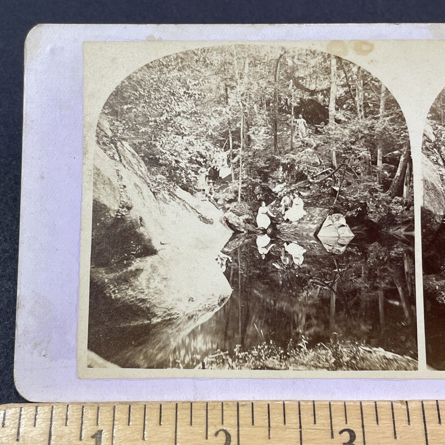 Antique 1860s Women At Pulpit Rock Winchester NH Stereoview Photo Card V2128