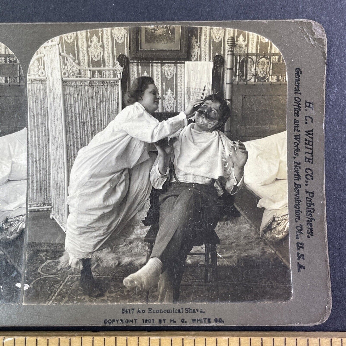 Woman Shaves her Husband's Beard Stereoview H.C. White Antique c1901 Y1246