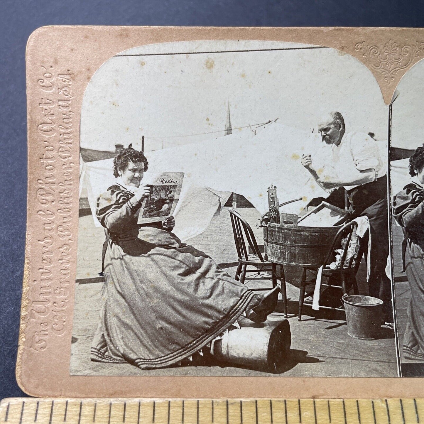Antique 1870s Portuguese Couple Washing Clothing Stereoview Photo Card P3394