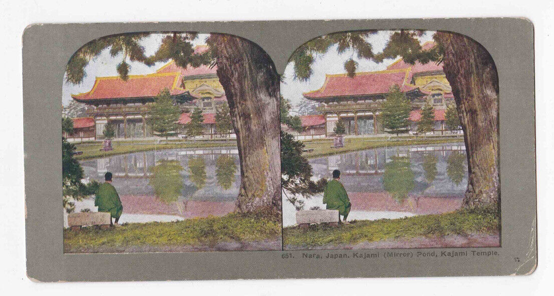 Antique 1904 Nara, Japan Man Seated At Kajami Temple And Pond Stereo Card P285