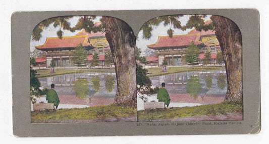 Antique 1904 Nara, Japan Man Seated At Kajami Temple And Pond Stereo Card P285