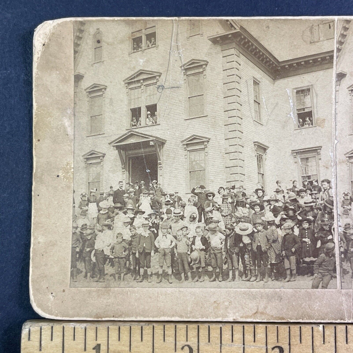 Teachers And Children In Front Of Victorian School Stereoview Antique 1887 X3132