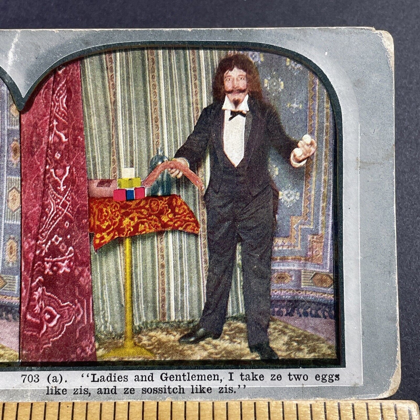 Antique 1906 Circus Magician With A Sausage & Eggs Stereoview Photo Card Q2264