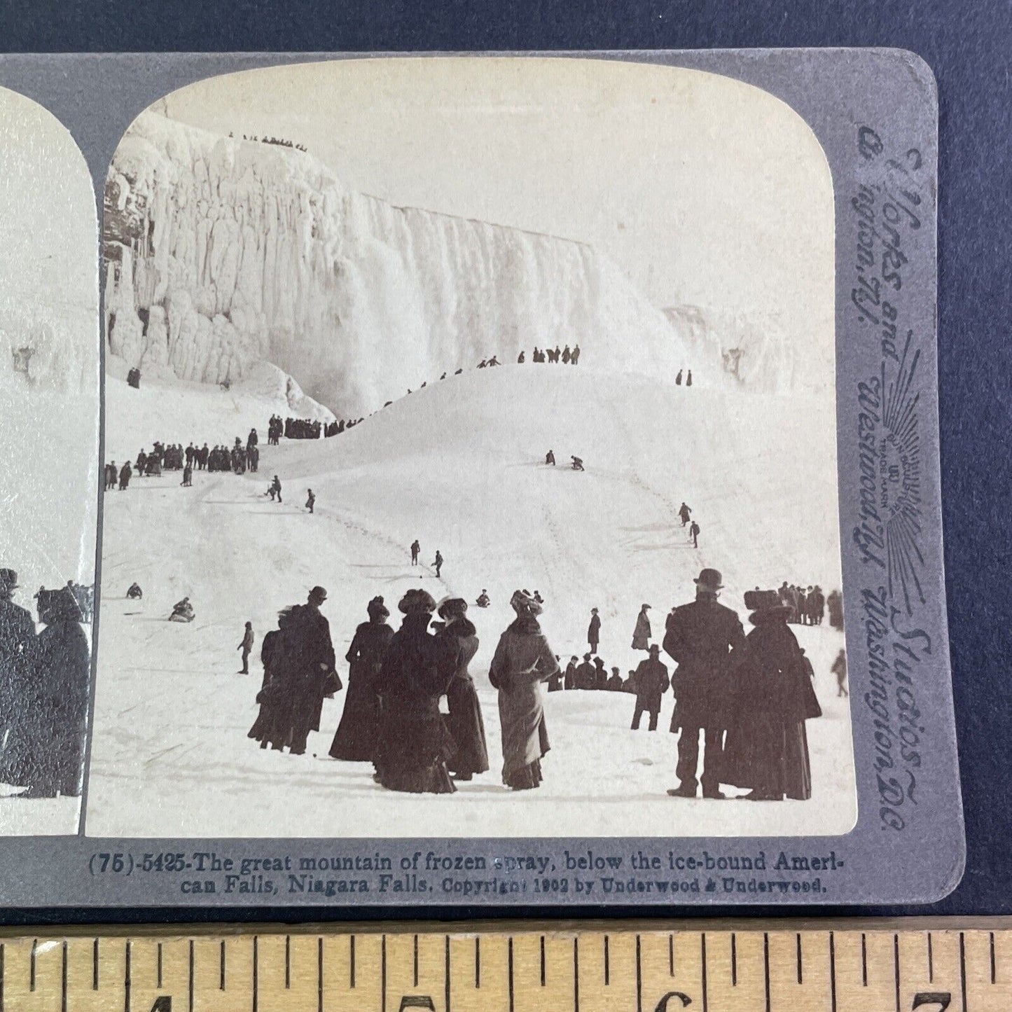People Skiing and Sledding at Base of Niagara Falls Stereoview c1902 Y1253