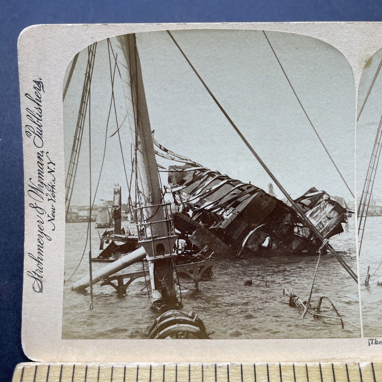 Antique 1899 Sinking Of USS Maine In Havana Cuba Stereoview Photo Card P2362