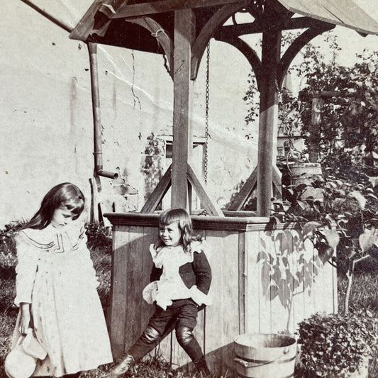 Antique 1891 Children Fetching Water From A Well Stereoview Photo Card P4115