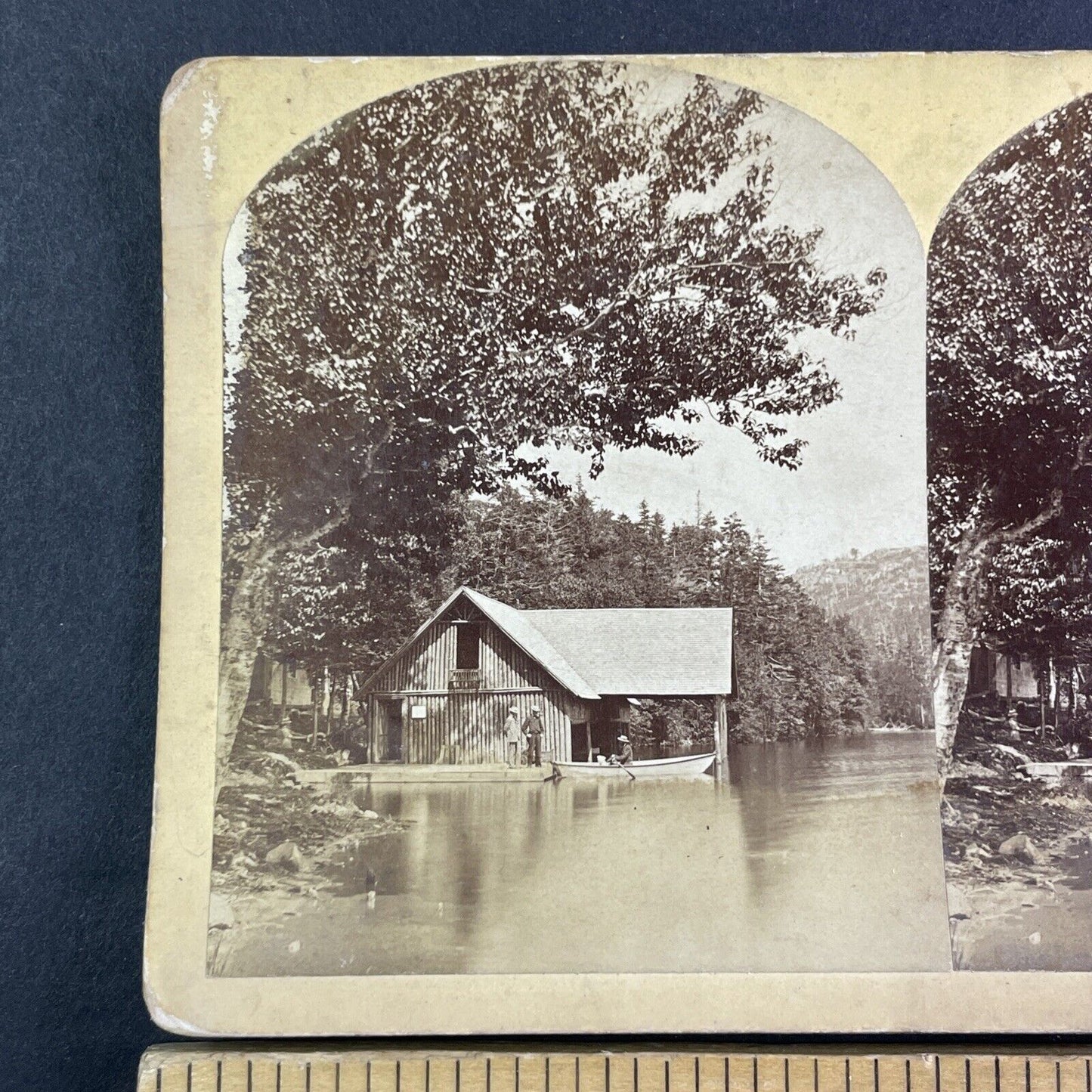 Echo Lake Boat House New Hampshire Stereoview Antique c1870s Y2157