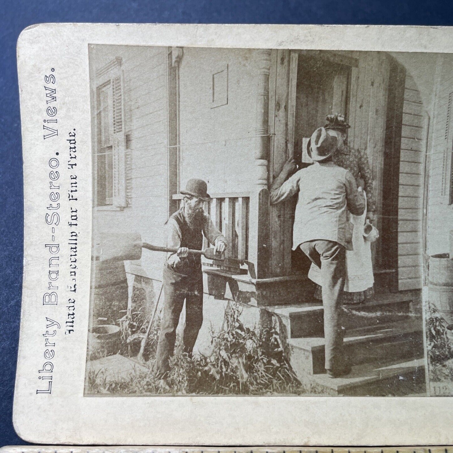 Antique 1870s Man Beats Friend For Kissing Daughter Stereoview Photo Card P3385