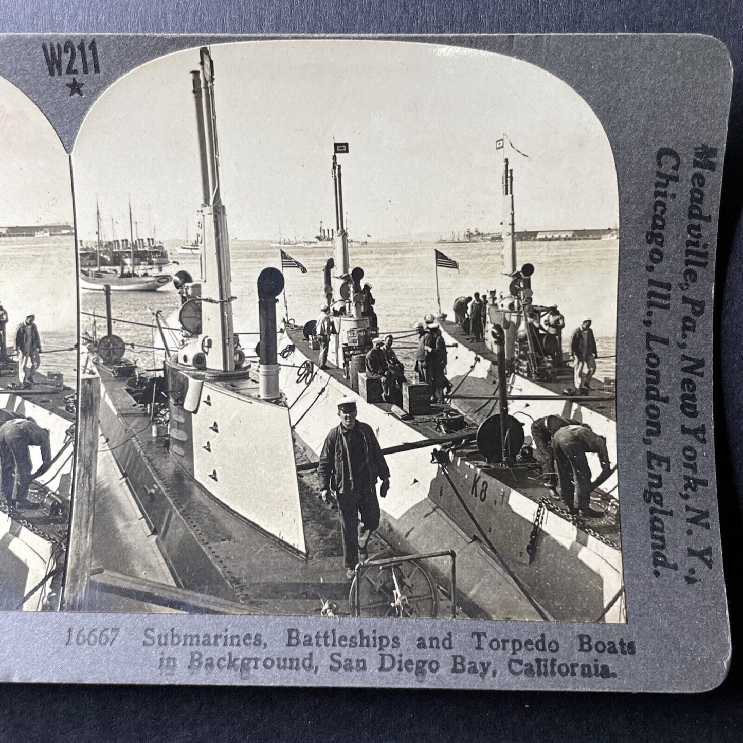 Antique 1918 US Navy Submarines In San Diego Harbor Stereoview Photo Card P1005