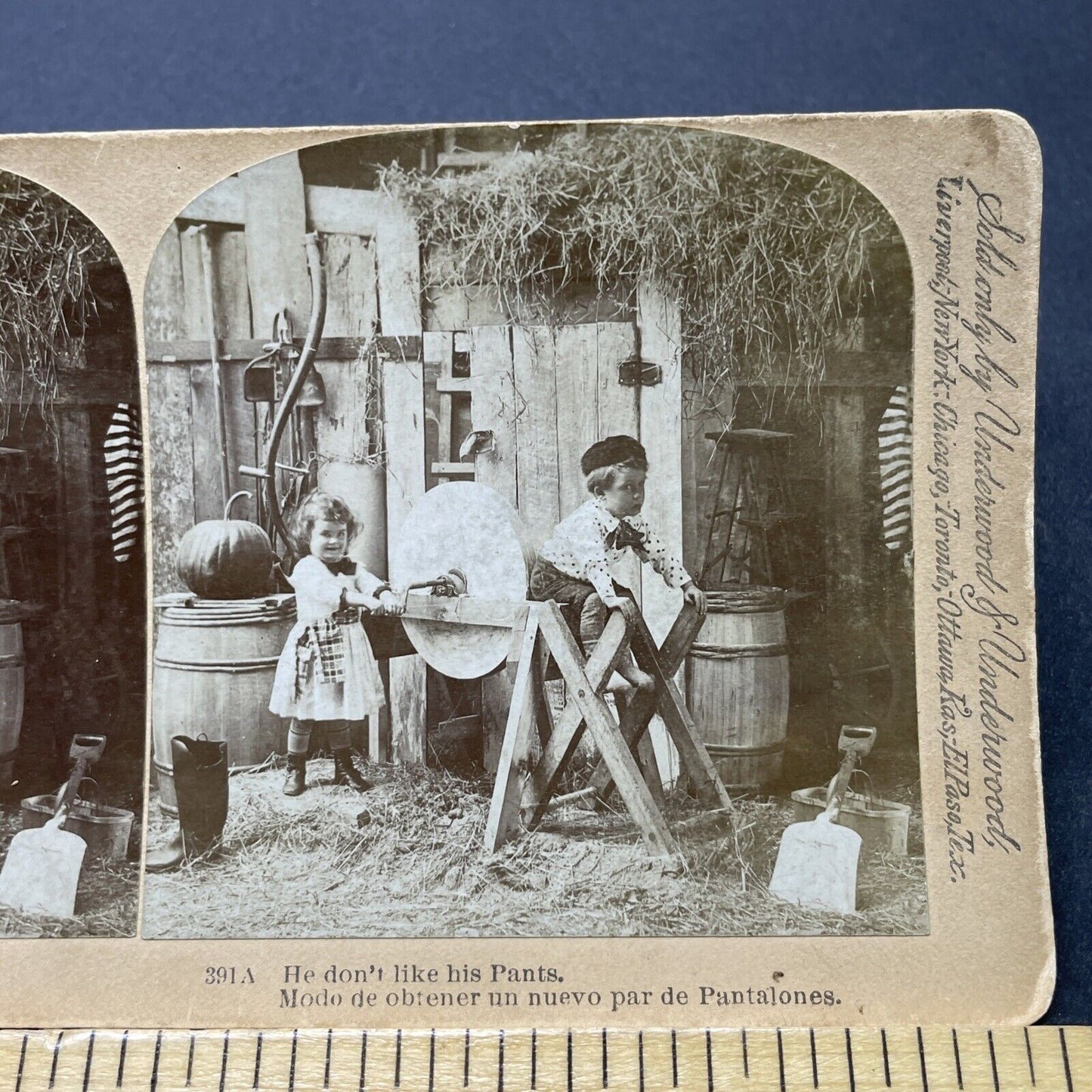 Antique 1891 Child Ruins Pants On A Grinding Stone Stereoview Photo Card P2608