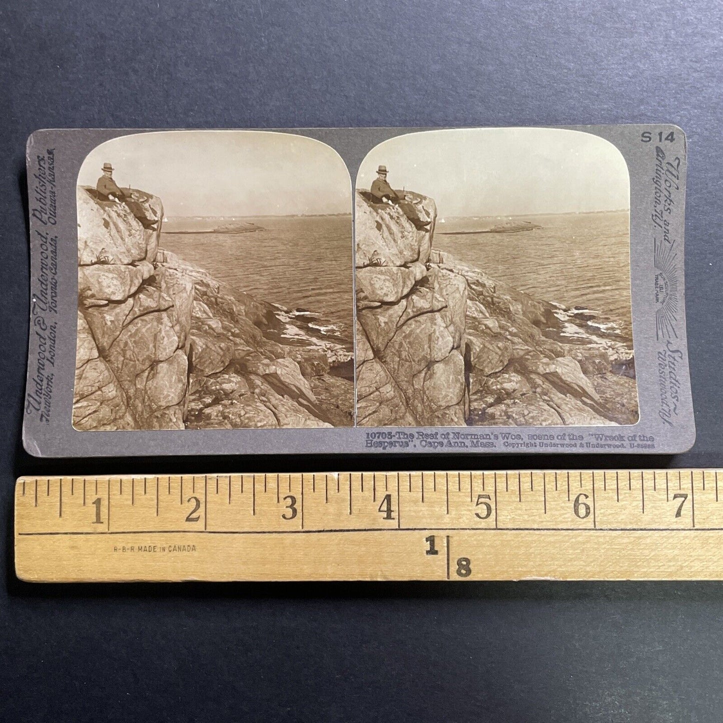 Antique 1902 Man Sits At Cliff Edge Cape Ann Mass. Stereoview Photo Card P1451