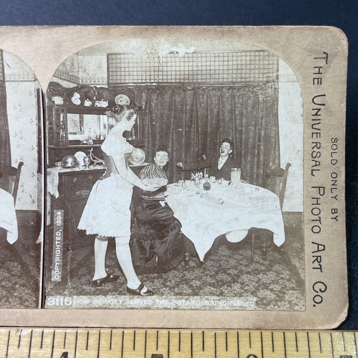 Antique 1894 Maid Servant Serves Dinner Undressed Stereoview Photo Card P2984