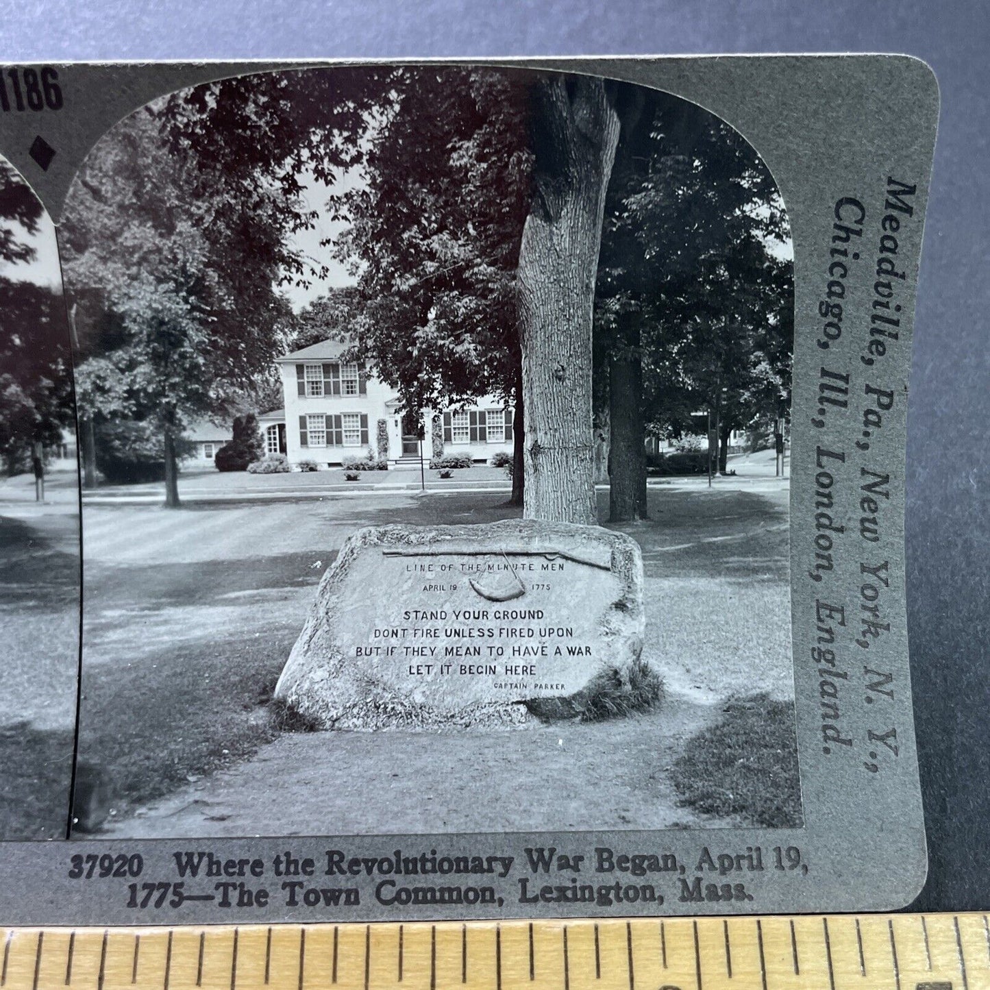 Antique 1909 Minute Man Stone Lexington MA Stereoview Photo Card P2538